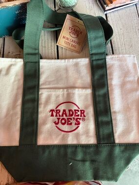 Trader Joe's Mini Canvas Tote Bag in Green and Cream